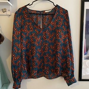 Lush Teal V-Neck Blouse with Red Flowers